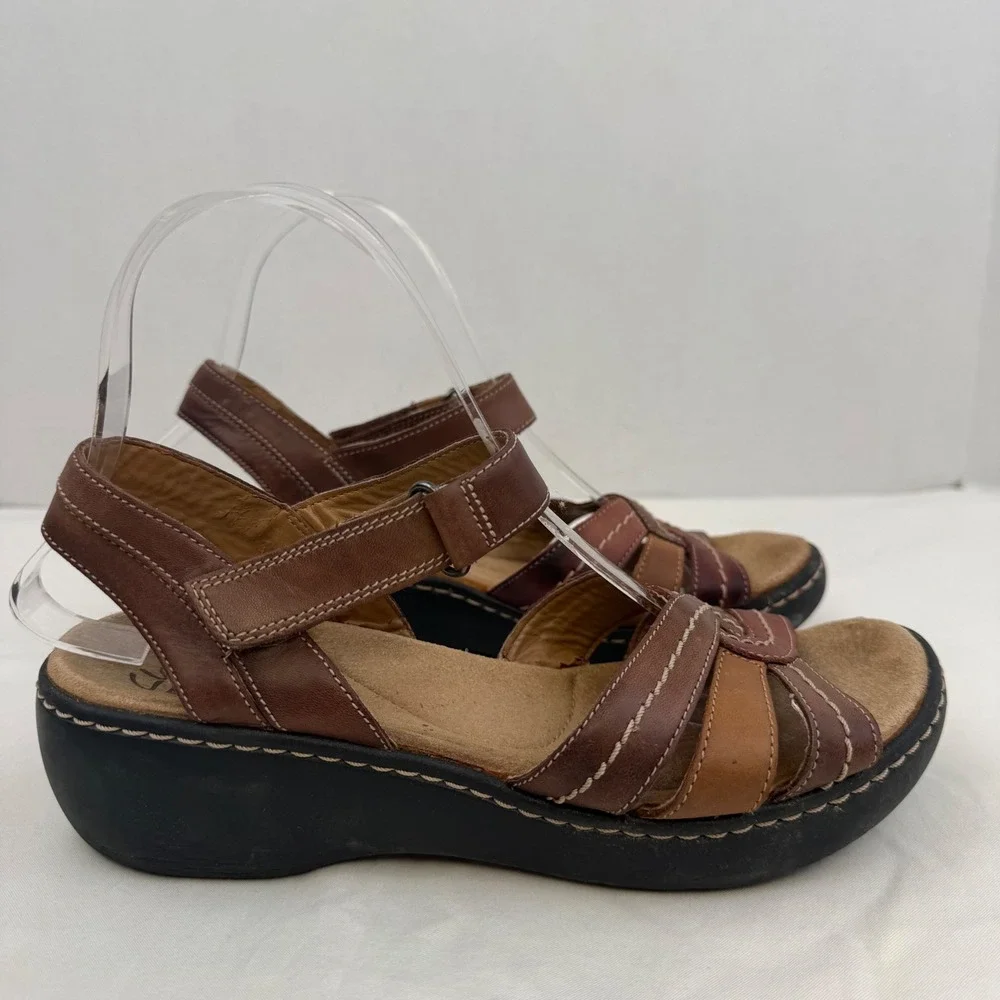 Clarks Collection Soft Cushion Brown Leather Wedge Sandals 7W 261258895045